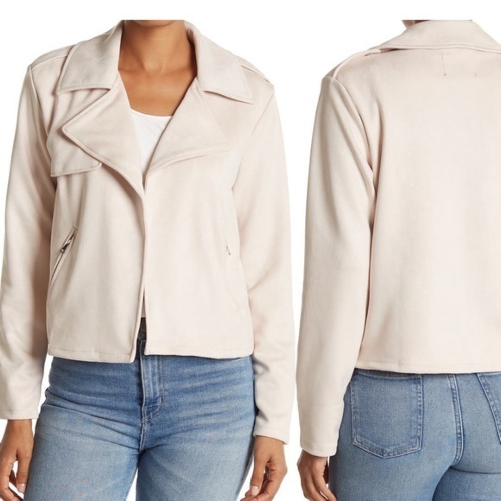 Ookie and Lala faux suede crop Moto jacket in light blush, Sz. L